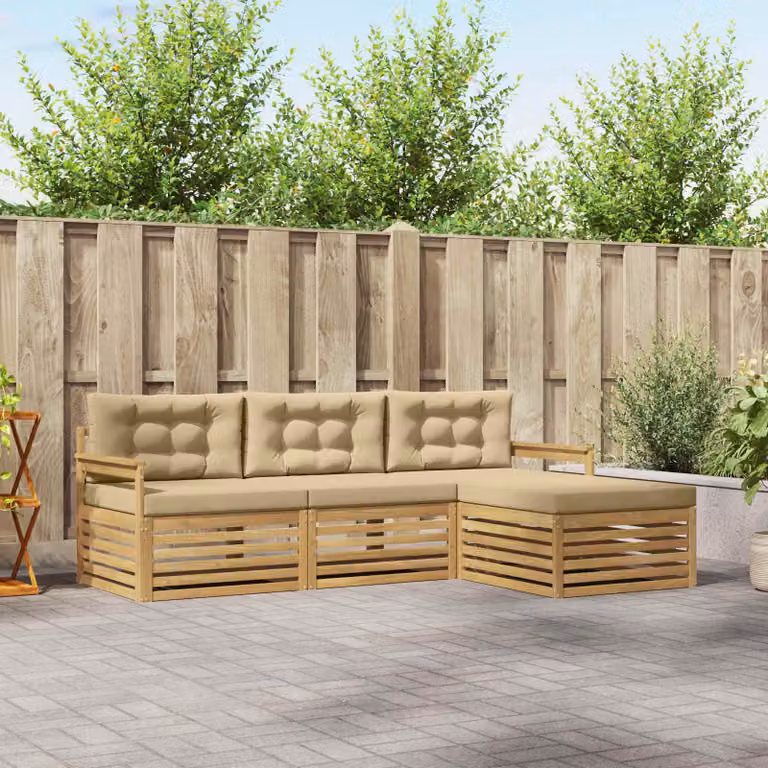 Set di divani da esterno vidaXL a forma di L con pouf, struttura in legno di acacia trattato e cuscini in poliestere bianco e beige