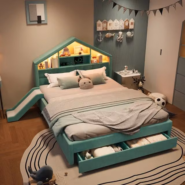 Letto imbottito per bambini 140x200 cm; letto casetta con scivolo; velluto blu verde