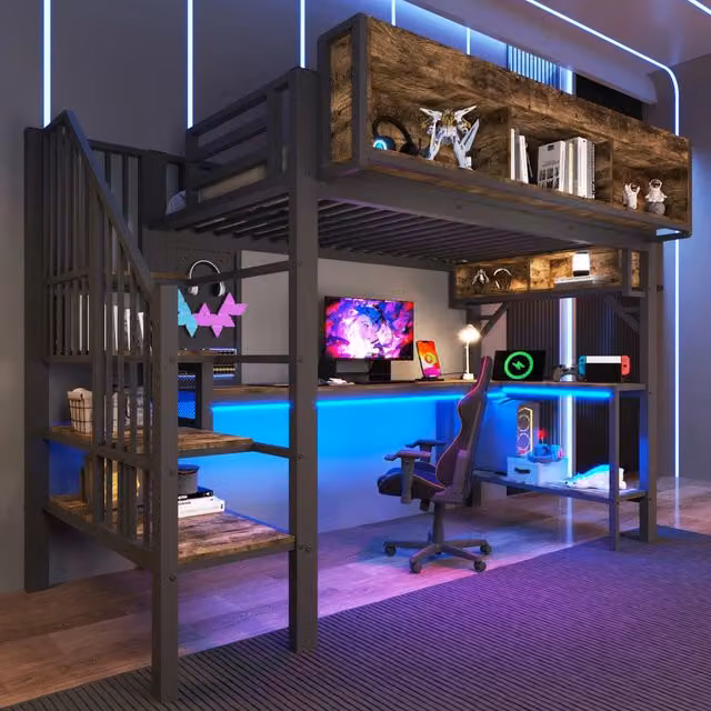 Letto a soppalco WISHDOR stile industrial in marrone e nero con scrivania ad angolo, illuminazione LED, porte USB e spazio contenitivo, dimensioni 90 x 200 cm