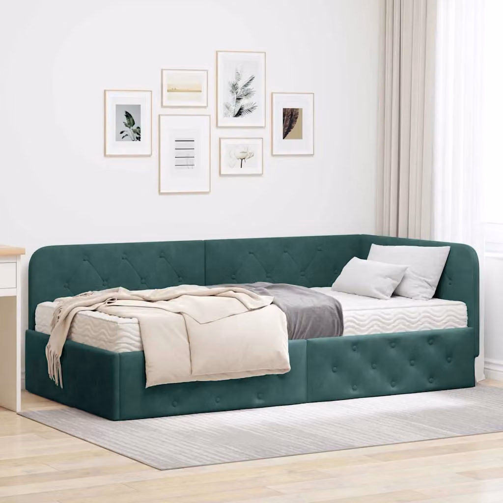 vidaXL Cornice del letto ad angolo asimmetrica in velluto verde, L/P/H: 204 x 140 x 72 cm – 1