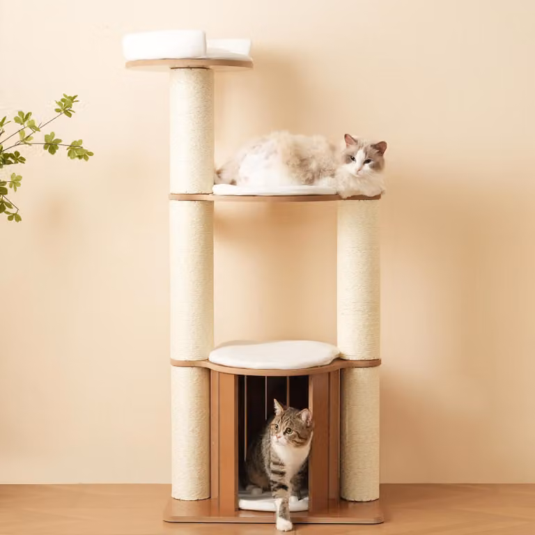 Albero per gatti Kratzbaum, altezza 135 cm, base XXL, 3 piattaforme, casetta per gatti, pali di legno da 12 cm, sistema di sicurezza anticaduta, impermeabile (marrone e bianco)