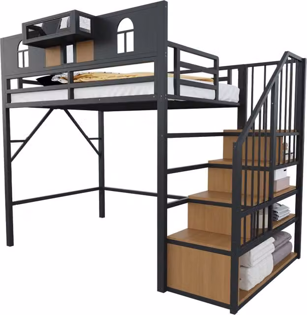 Letto a soppalco singolo Chicfurn in metallo nero con scala contenitore, illuminazione LED e ripiano laterale, L/P/H: 200 x 90 x 187 cm