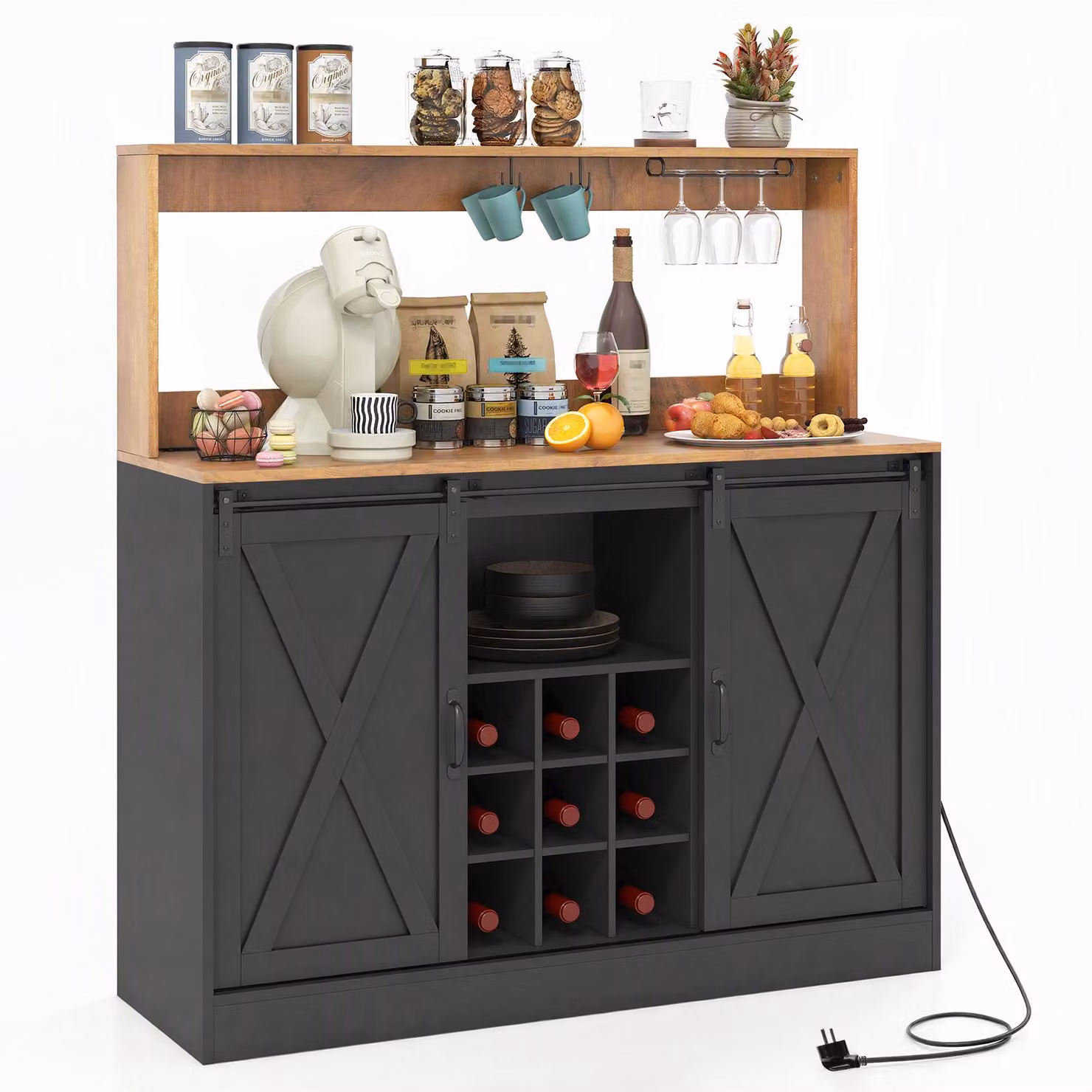 Mobiletto da cucina/buffet COSTWAY con piano di lavoro, stazione di ricarica, ante scorrevoli, ripiano estraibile per bottiglie di vino e portabicchieri, mobiletto contenitore, colore nero