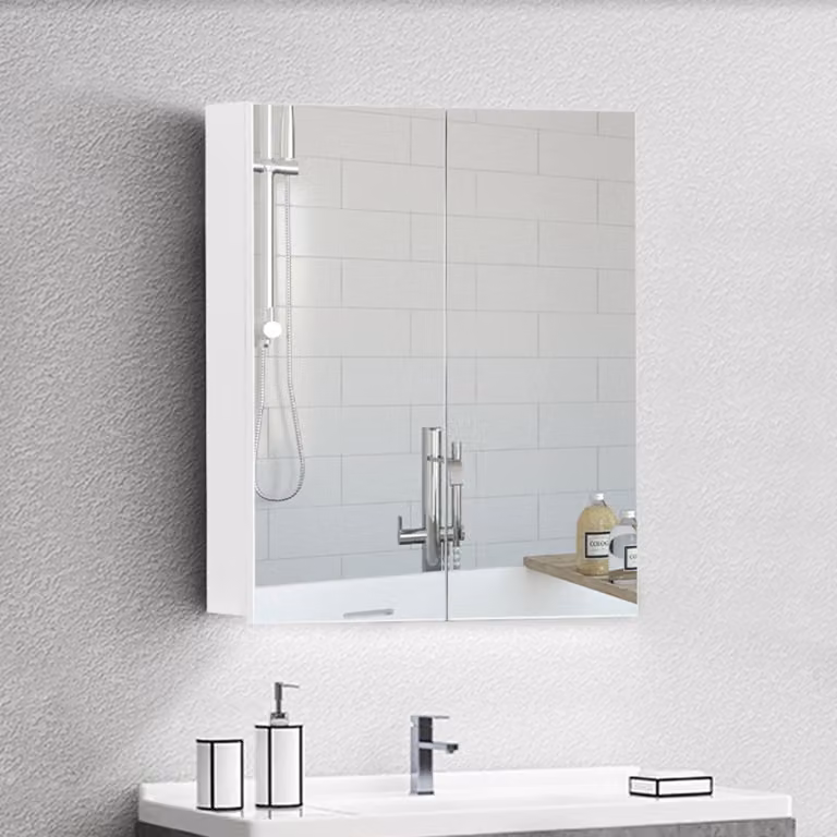 Specchio da bagno con 2 ante, ripiano regolabile, struttura in legno, da montare a parete, ideale per il bagno