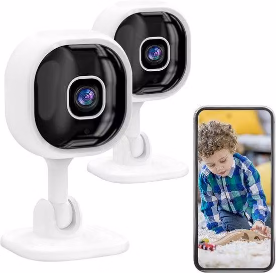 Due telecamere di sorveglianza wireless per uso domestico con Wi-Fi, visione notturna e funzione vocale.