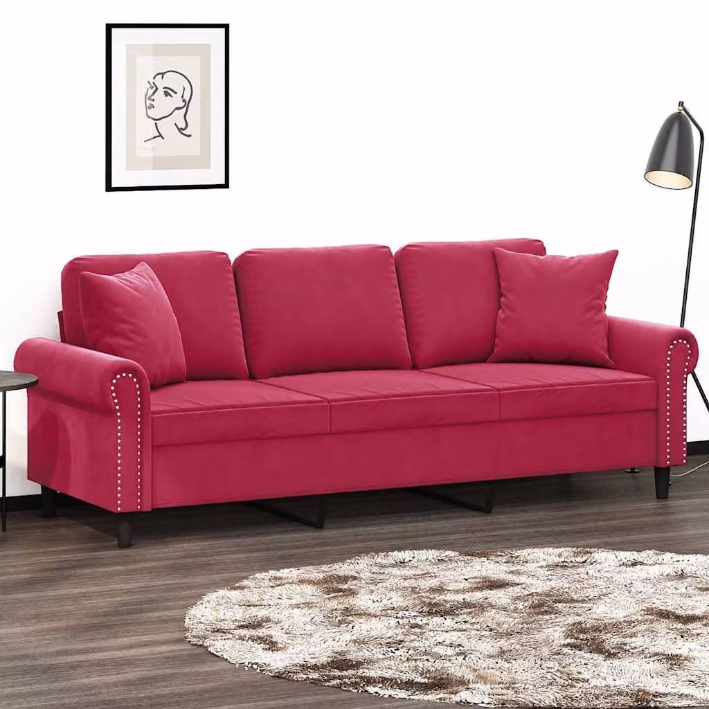 vidaXL Divano a 3 Posti Moderno in Velluto Rosso con Cuscini e Struttura in Metallo – 1