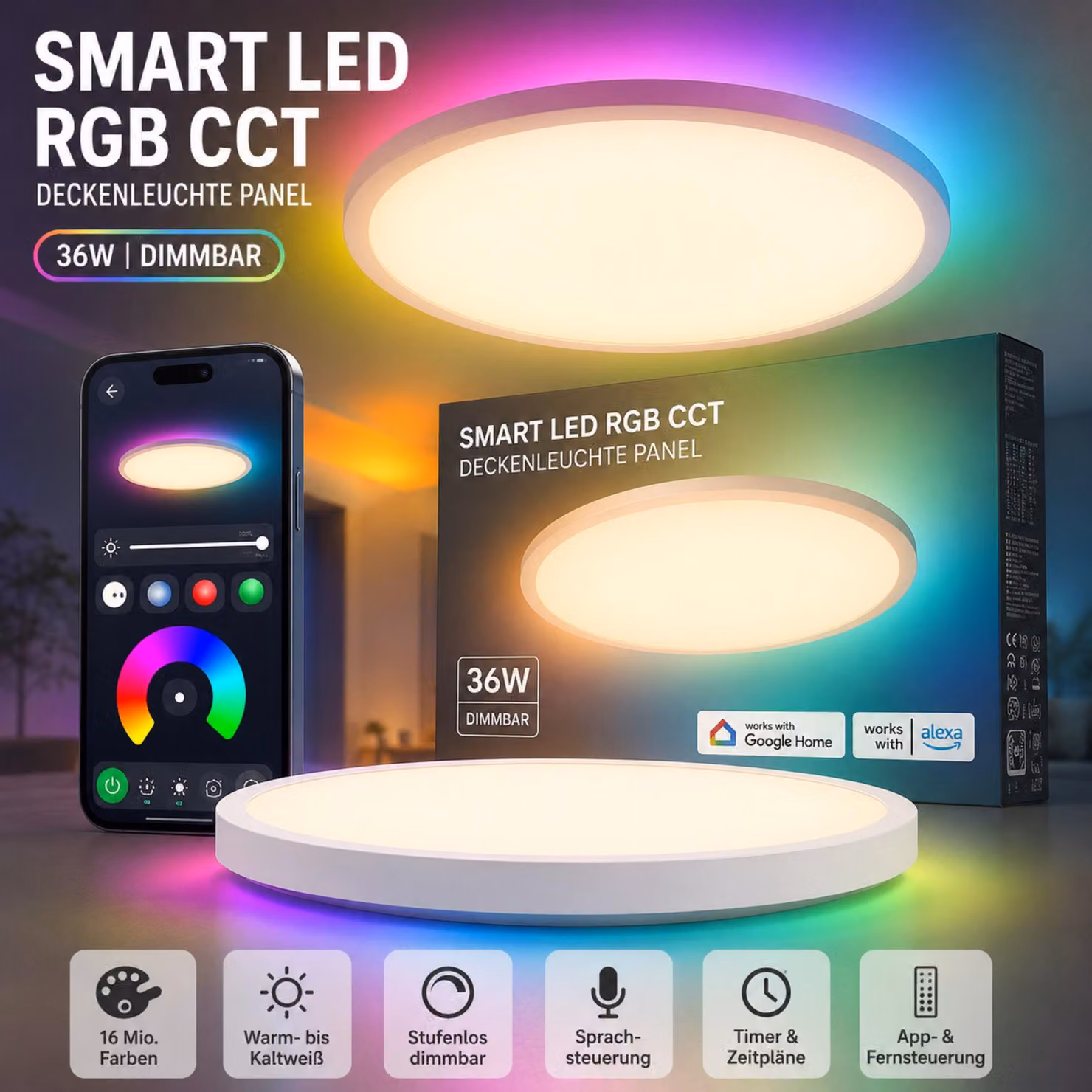 Smart WLAN LED RGB CCT pannello luminoso a soffitto 36W, dimmerabile