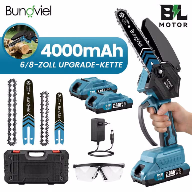 Mini motosega con 2 batterie, 4000mAh/21V. Piccola motosega elettrica, 880W, motosega monomanuale, 6+8 pollici, ideale per potatura, motosega a batteria, per lavori di giardinaggio e fai-da-te