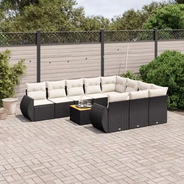 Set di Divani da Giardino VIDAXL a Forma di U in Polyrattan Nero con Cuscini, 11 Pezzi