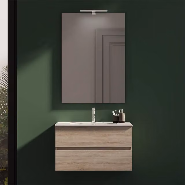 Mobile da bagno sospeso 70 cm rovere chiaro con lavabo e specchio | Yili