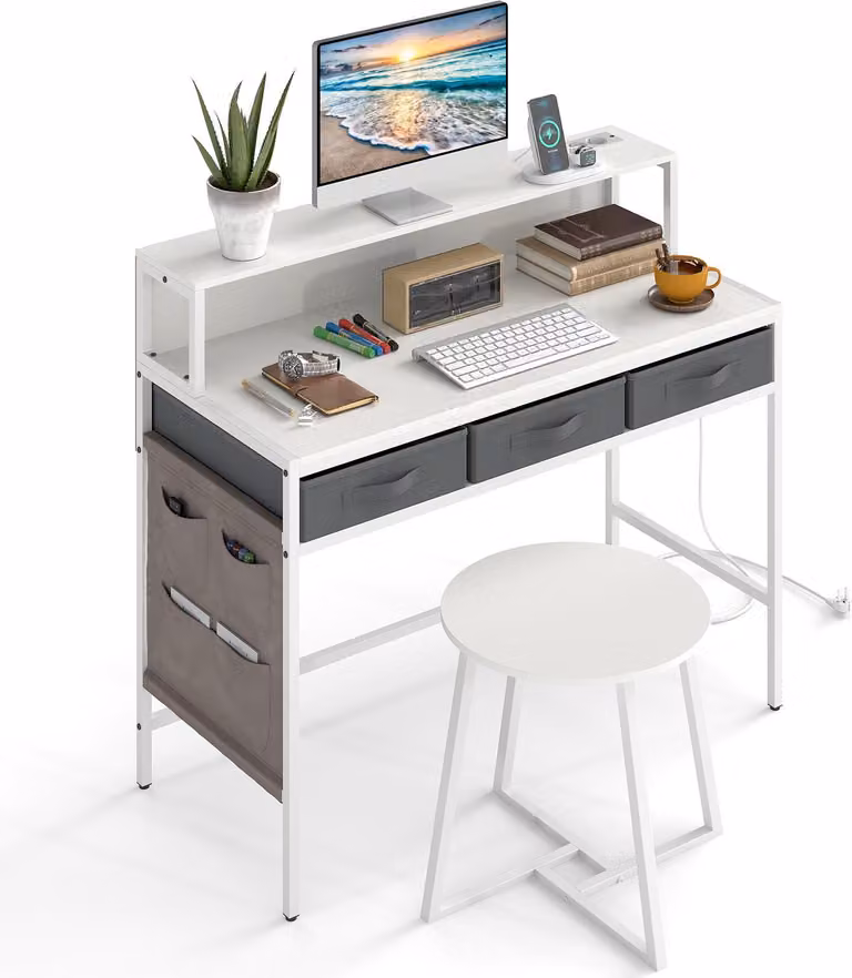 Scrivania per computer COSTWAY con sgabello e prese di corrente, scrivania per computer con supporto per monitor, cassetti e tasche laterali, scrivania con tavolo da toilette bianco
