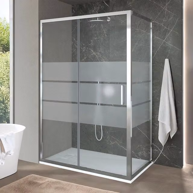 Box doccia angolare Ted con porta scorrevole in vetro temperato serigrafato e profili cromo, L/P/H: 140 x 90,5 x 200 cm – 1