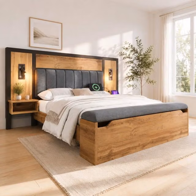 Letto matrimoniale 180x200 cm rovere con luci LED, comodini USB-C e panca contenitore