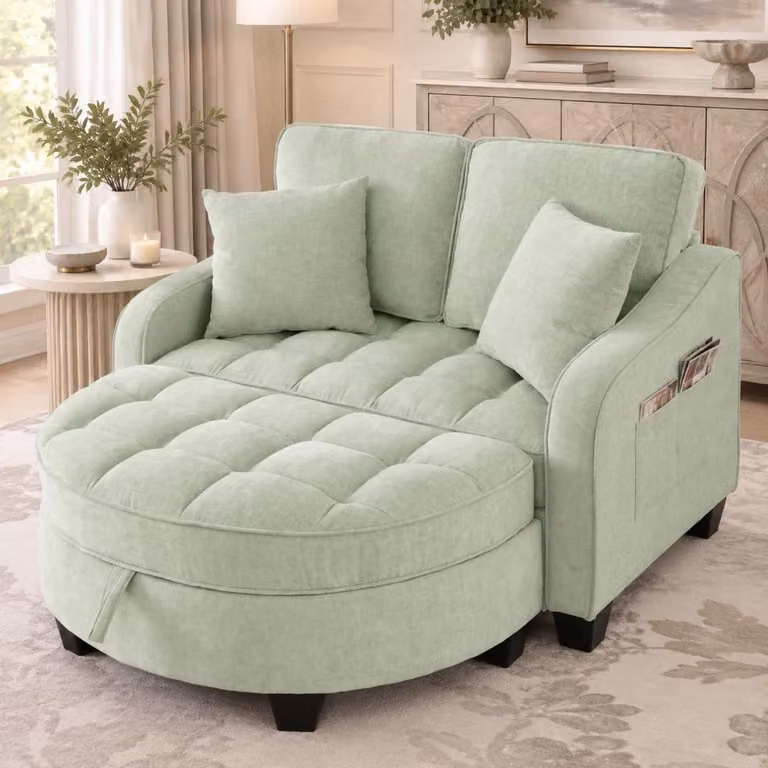 Divano letto MIVRAY moderno con pouf contenitore in tessuto blu e verde con funzione notte e struttura in legno e metallo