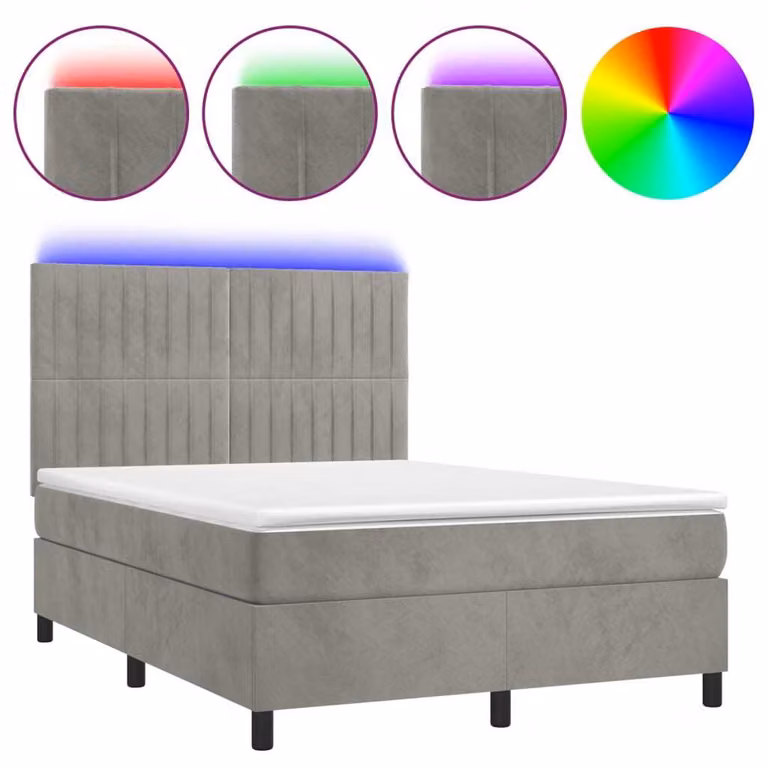 Letto a Molle Materasso e LED Grigio Chiaro 140x190 cm Velluto