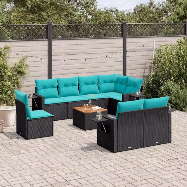 Set Divani da Giardino 9 pz con Cuscini Nero in Polyrattan 3224657