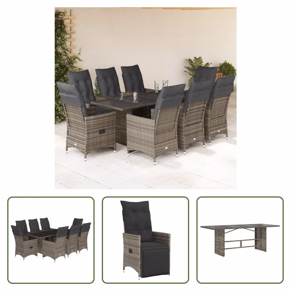 The Living Store Set bistrot da giardino 9 pezzi con cuscini in poly rattan grigio