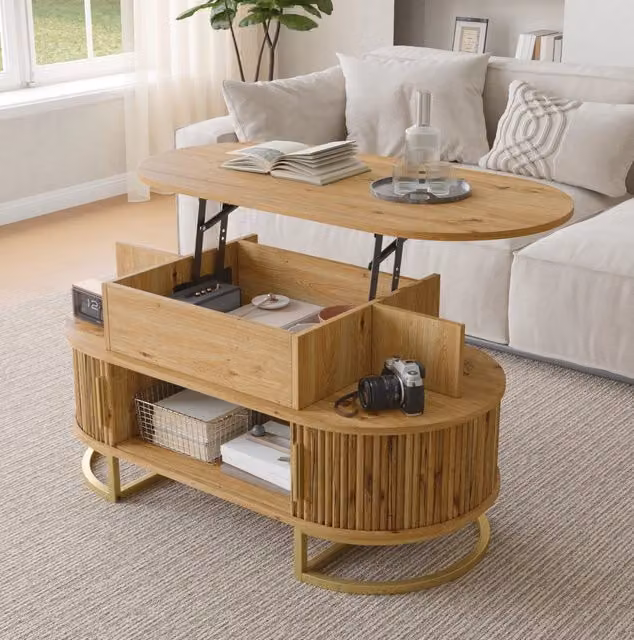 Tavolino da caffè ovale MODFU in MDF con piano sollevabile e contenitore, stile mid-century, colori beige, marrone e oro, L: 100 cm, P: 50 cm, H: 64 cm