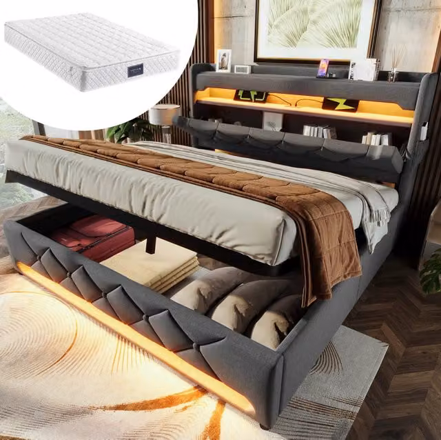 Letto matrimoniale ULEVR 160x200 cm con materasso, contenitore idraulico, LED 360¡ã, USB e Type-C, grigio
