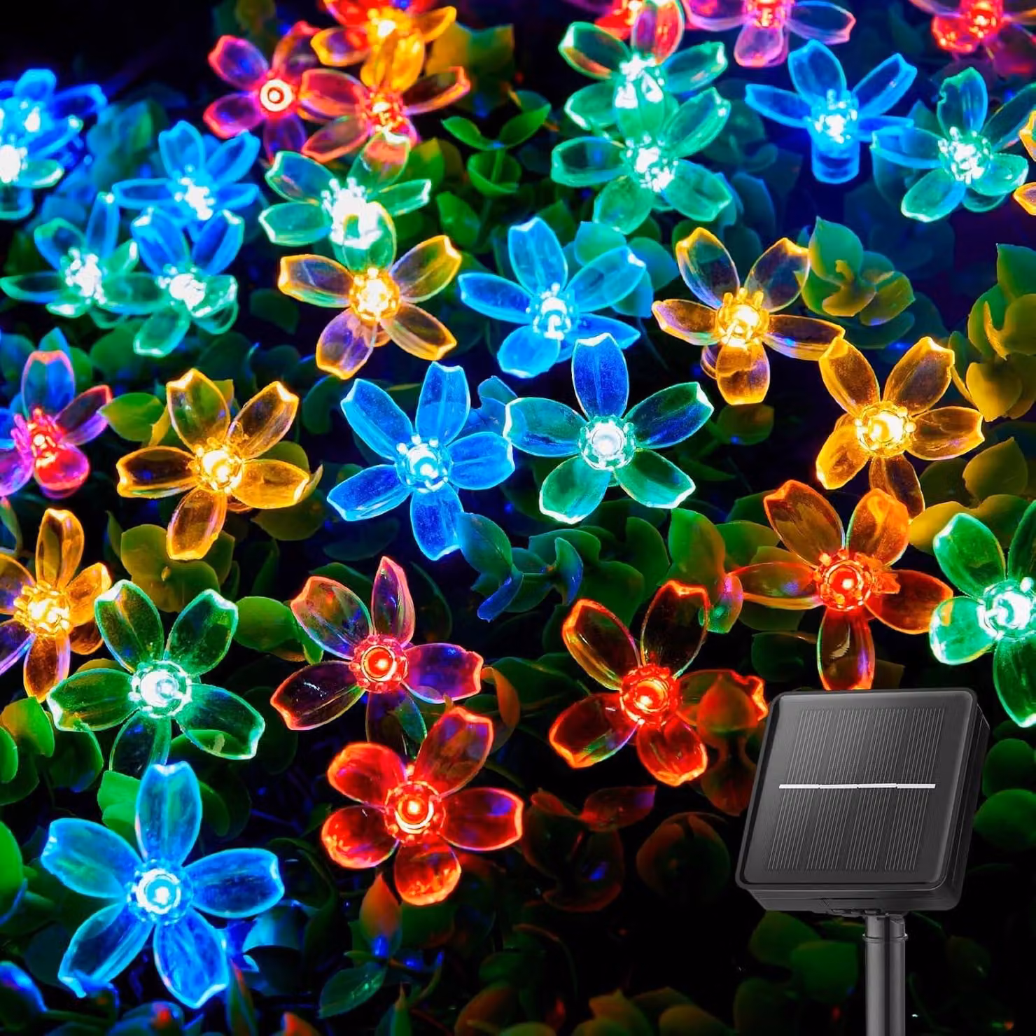 Catena luminosa solare, 7 metri, 50 LED, impermeabile, 8 modalità, motivo floreale