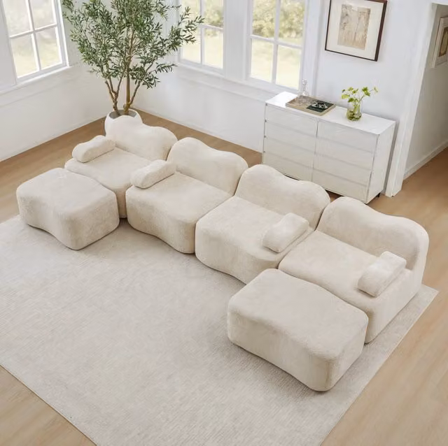 Divano modulare angolare 4 posti in velluto beige con pouf collegabile e schiuma 32D