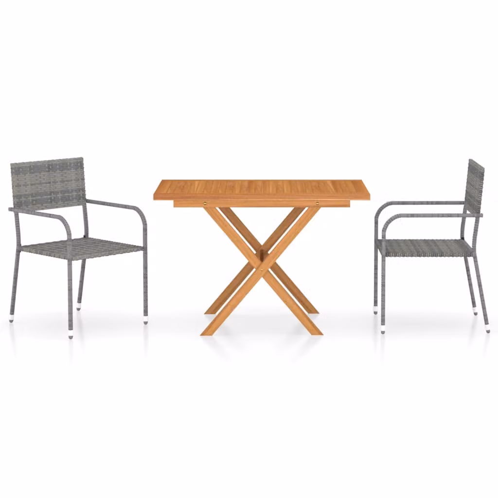 set da pranzo da giardino 3 pezzi in poly rattan e legno massiccio grigio acacia
