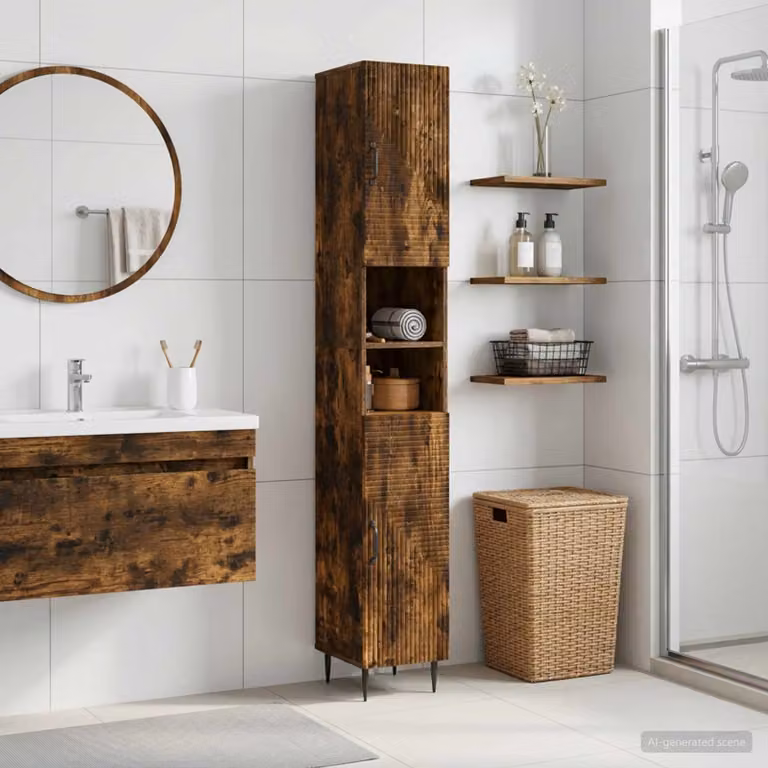 Armadio da Bagno Moderno vidaXL HAARLEM con Ripiano Aperto e Ante a Battente, Rovere Fumo e Nero, L/P/H: 60 x 31 x 190 cm