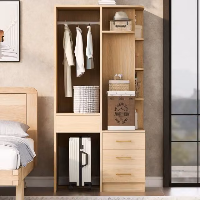 Armadio 1 anta con 3 cassetti e vano appendiabiti a giorno con ripiani aperti in MDF colore legno 70 × 55 × 175 cm