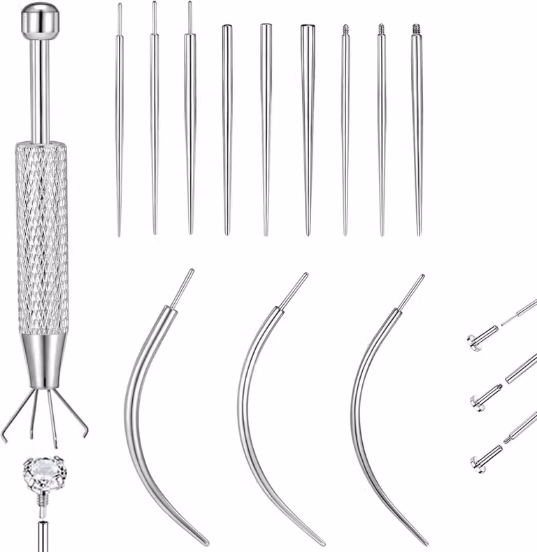 Kit di strumenti per piercing, composto da 13 pezzi, in acciaio inossidabile, con punte da 14G, 16G e 18G, inclusi pinze a sfera e strumento per aprire i piercing