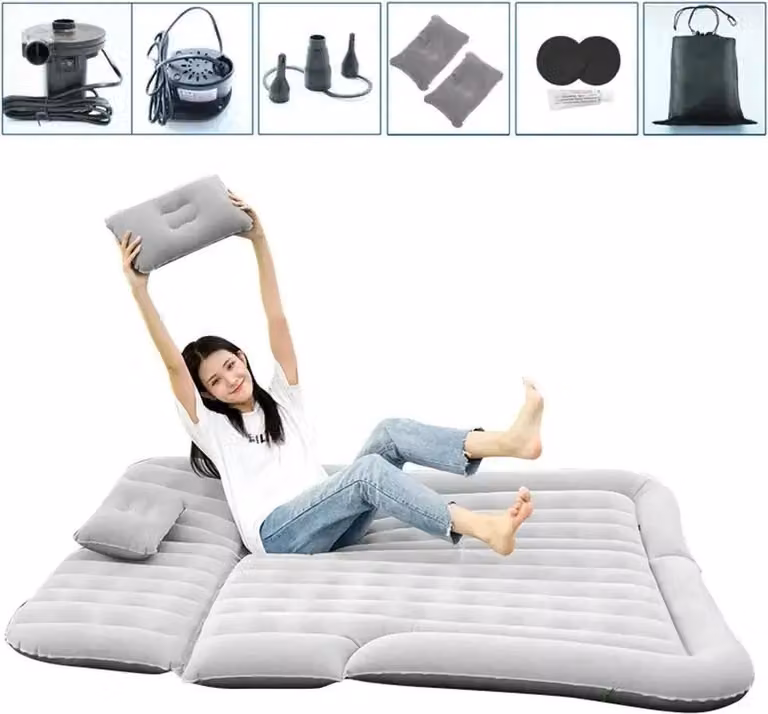 Materasso gonfiabile per auto - Materasso da viaggio 2 in 1 - Per sedili posteriori e SUV - PVC con superficie floccata - Morbido e confortevole - Grigio
