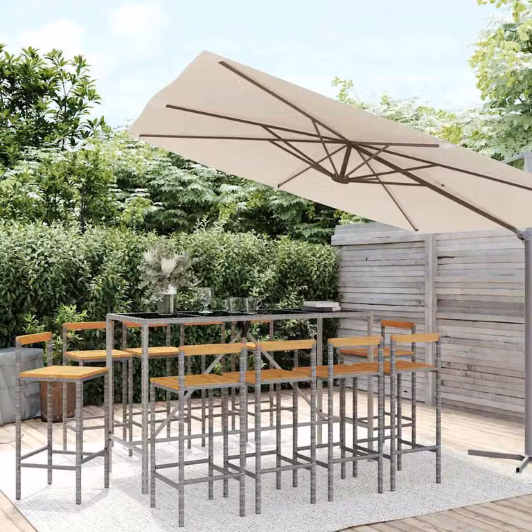Set Bar da Giardino vidaXL 11 Pezzi in Polyrattan Grigio e Legno di Acacia con Piano in Vetro
