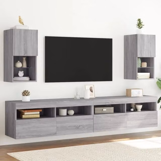 Set di 2 Credenze per TV Moderno DESIGN IN in Legno Grigio con Luci LED Integrate, da Appendere al Muro, L/P/H: 30,5 x 30 x 60 cm – 1