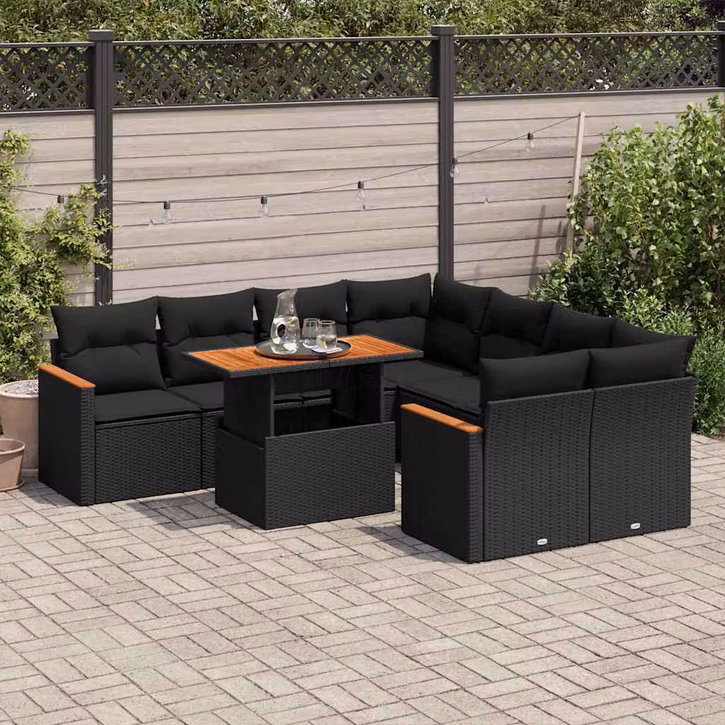 Maison Exclusive - Set Divani da Giardino 9 pz con Cuscini Nero Polyrattan Acacia
