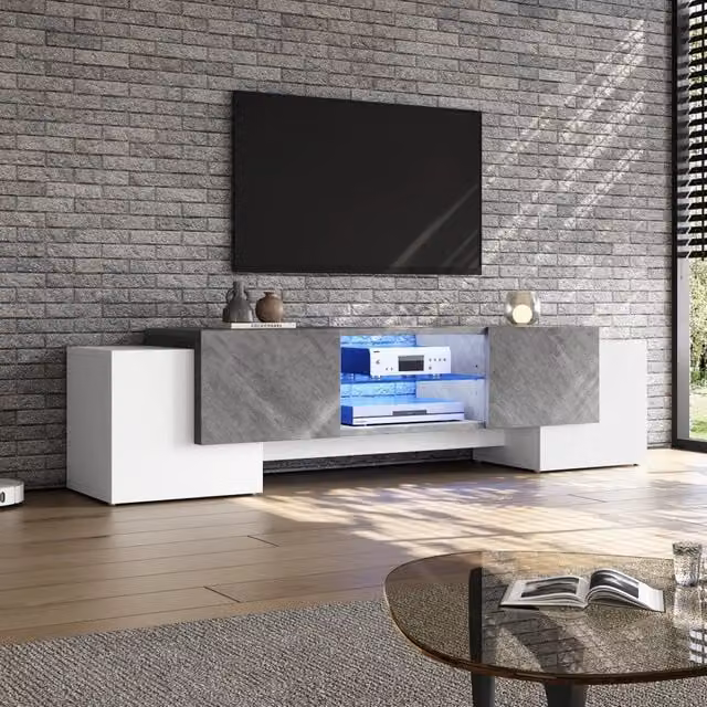 Mobile TV moderno WISHDOR bianco e grigio con illuminazione LED integrata, 4 ante e ripiani in vetro temperato L/P/H: 180 x 40 x 46,5 cm – 1