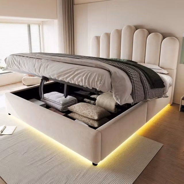 Letto imbottito contenitore ¨C Minimal ¨C beige velluto 140x200cm testiera led rete a doghe idraulico
