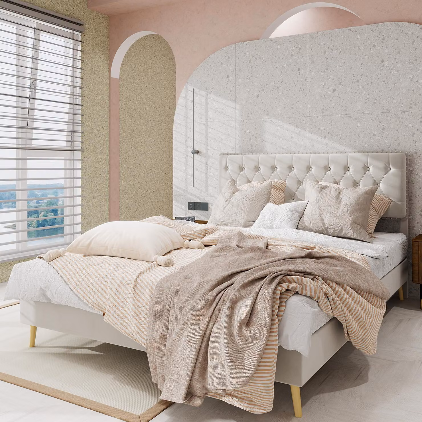 Sweiko Letto moderno minimalista morbido, testata confortevole e morbida, 160x200CM, beige, mobili multifunzionali per la camera da letto, struttura letto basso a cassettoni non include asta a gas, non include materasso.