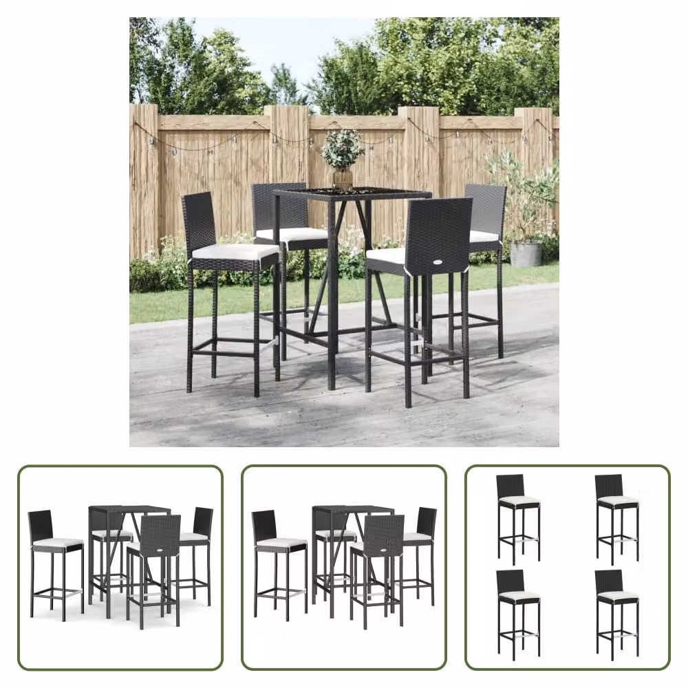 The Living Store Set bar da giardino 5 pezzi con cuscini in poly rattan nero