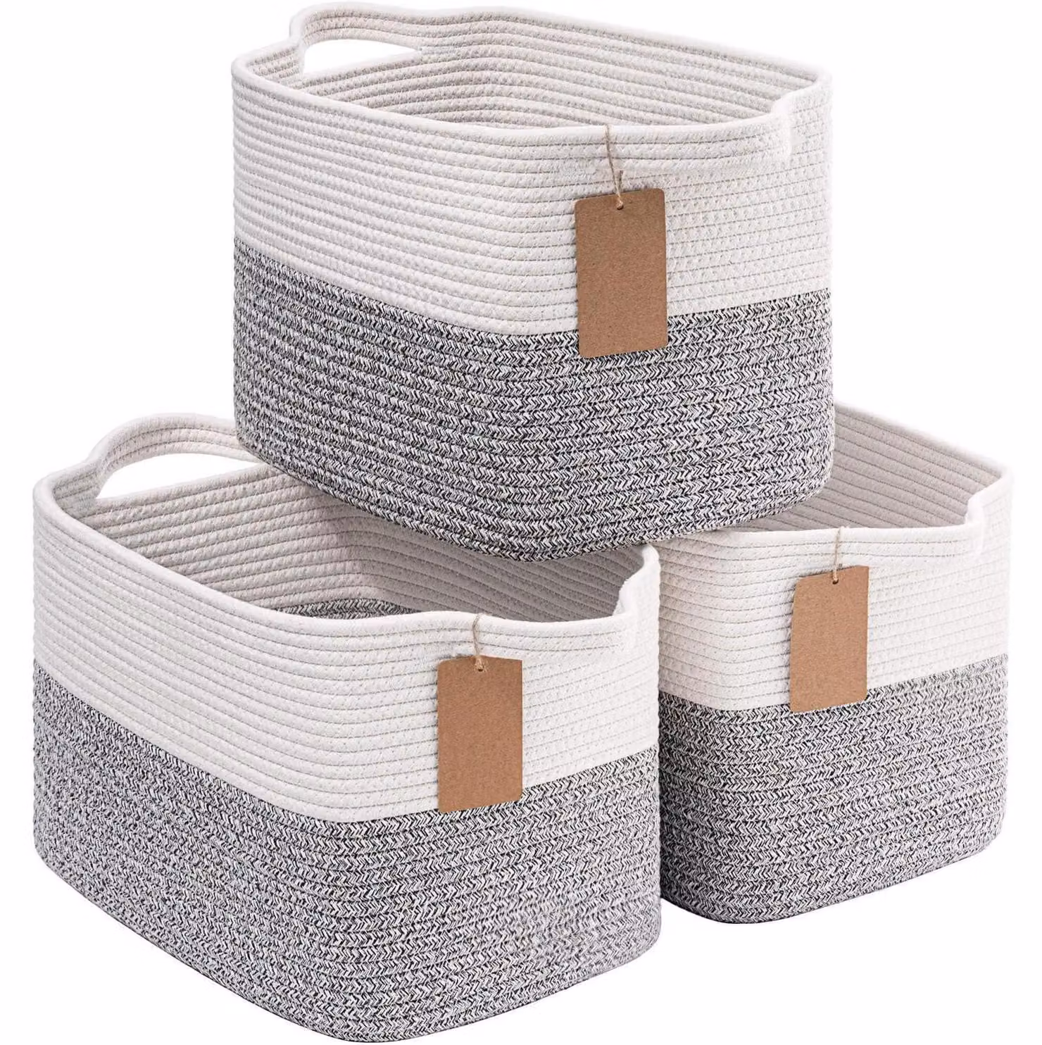 Set di 3 cesti portaoggetti in cotone intrecciato, grigi, dimensioni 33x25x22,5 cm. Cesti decorativi con maniglie