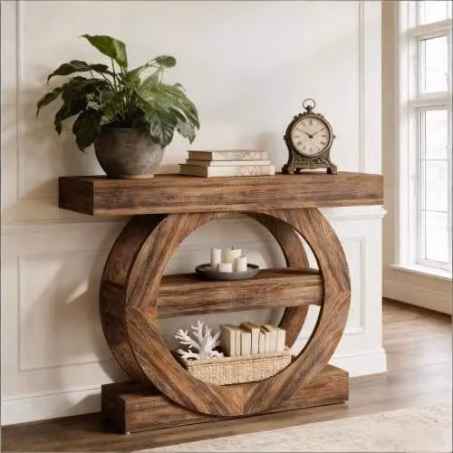 Consolle OKWISH in legno marrone stile rustico con 3 ripiani aperti per ingresso e soggiorno L: 105 cm, P: 30 cm, H: 85 cm