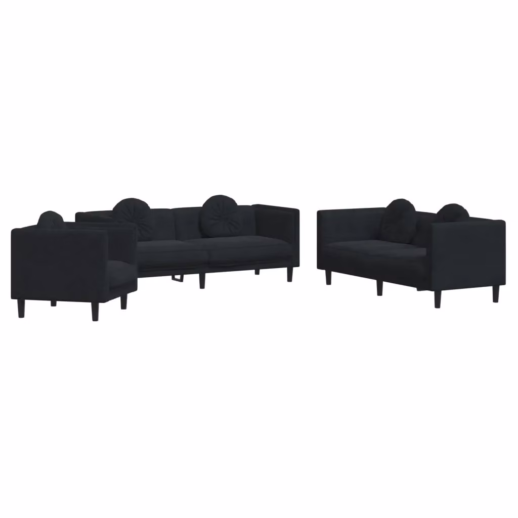 Set di divani 3 pezzi vidaXL in velluto nero con cuscini e struttura in legno massiccio per soggiorno – 2