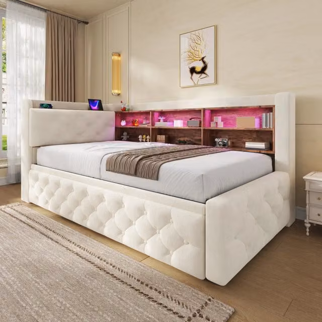 Divano letto estraibile Mivray in velluto beige con vano contenitore, illuminazione LED e porte USB/Type-C, dimensioni 90 x 190 cm