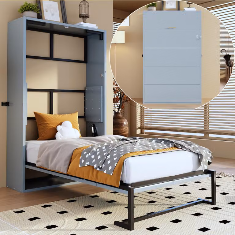Letto a scomparsa Flieks, 90x200 cm, letto singolo per ragazzi con fissaggio a parete bloccabile, letto Murphy grigio
