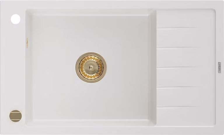 Mexen Elias lavello in granito 1-vasca con sgocciolatoio 795 x 480 mm, bianco, sifone dorato - 6511791005-20-G