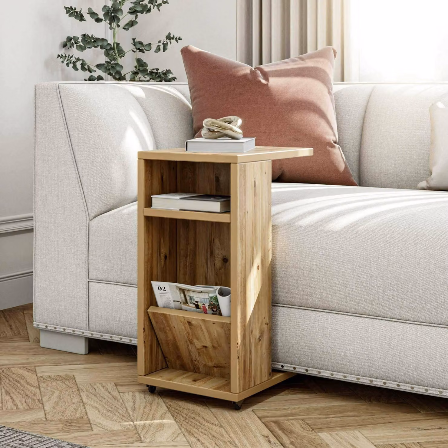 Dmora Tavolino da Salotto Blas 40x30x63h cm Marrone Quercia, 3 Vani Gambe con Ruote