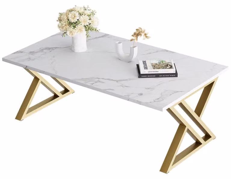 Tavolino da salotto, tavolino in legno, tavolino da caffè, tavolino ausiliario, bianco, nero, oro, con traverse a forma di "X"