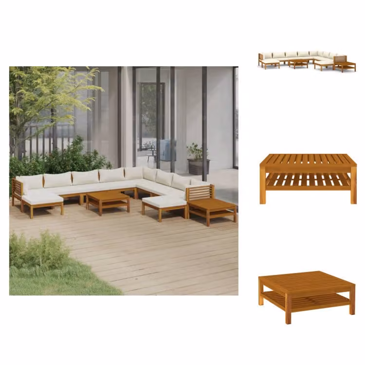 vidaXL Set di 12 pezzi da giardino con cuscini crema in legno massiccio di acacia - Set di mobili da giardino
