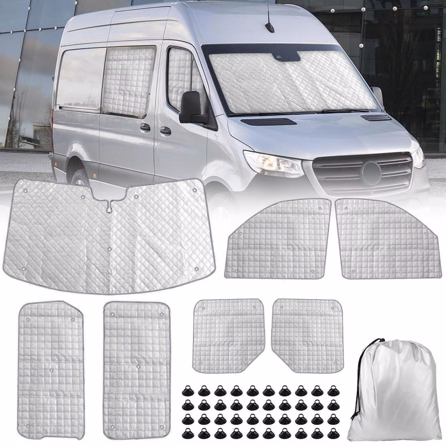 Tappetini termici per cabina guida, set da 7 pezzi, per Mercedes Sprinter 2019-2024, con protezione solare, protezione dai raggi UV e resistenza all'acqua