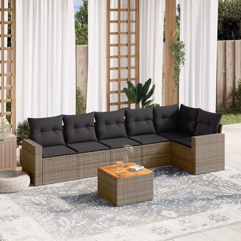 Set di divani da giardino vidaXL in polyrattan 7 pezzi con cuscini grigi e tavolo da caffè per esterno a forma di L