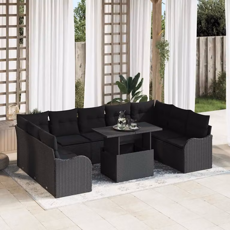Set Divano da Giardino vidaXL 10 Pezzi in Rattan Nero con Cuscini e Tavolino da Caffè in Vetro