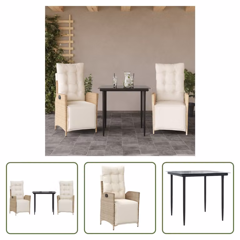 The Living Store Set da pranzo da giardino 3 pezzi con cuscini Beige poly rattan